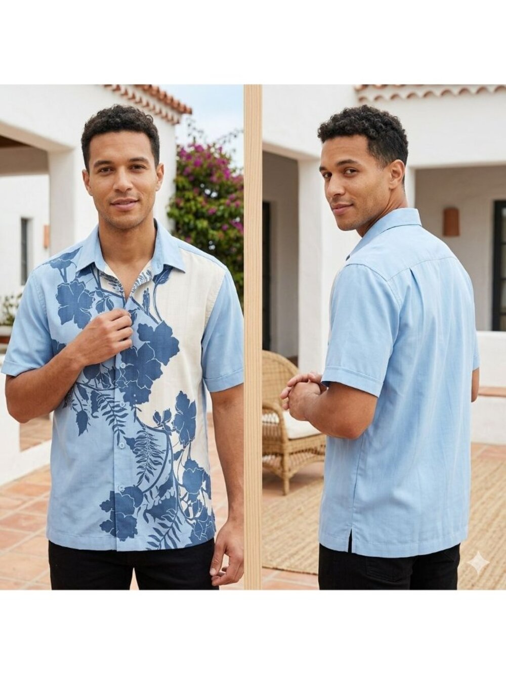 Cubavera Mens Hawaiian Shirt Medium Colorblock Blue Floral Casual Top
